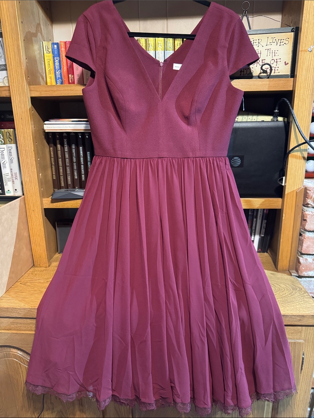 Dress the Population Burgundy Corey V-Neck Midi Fit-and-Flare Dress.